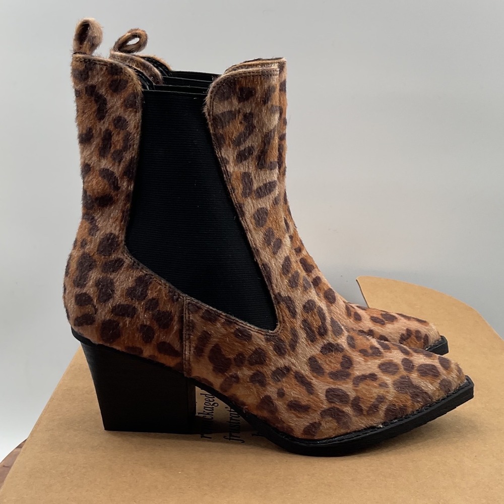 Dolce Vita Leopard Faux Fur Pointed Toe Western Ankle Boots Block Heel